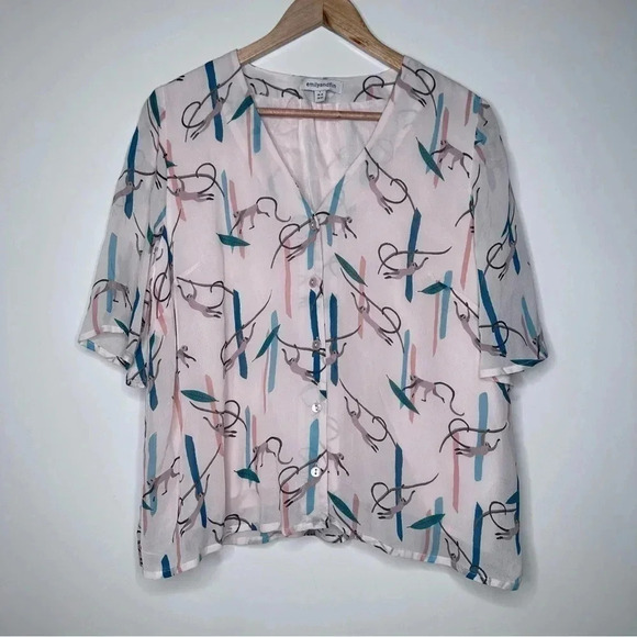 Emily and Fin ModCloth Monkey Around Town Blouse Size Large - Picture 3 of 11